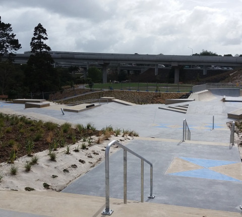Red and blue concrete features at Auckland’s newest skate parks  